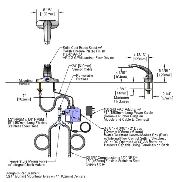 A diagram of a T&S deck mounted water faucet with parts including a hose connection and mechanical mixing valve.