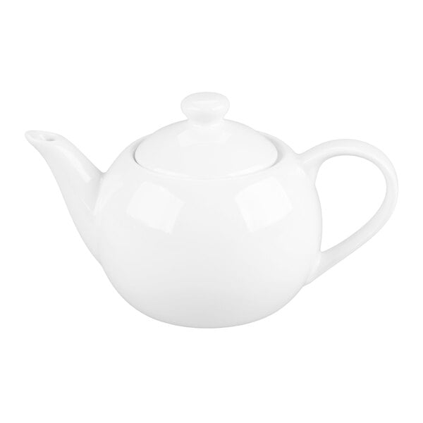 A white porcelain teapot with a rounded body, a curved spout, a handle, and a fitted lid.