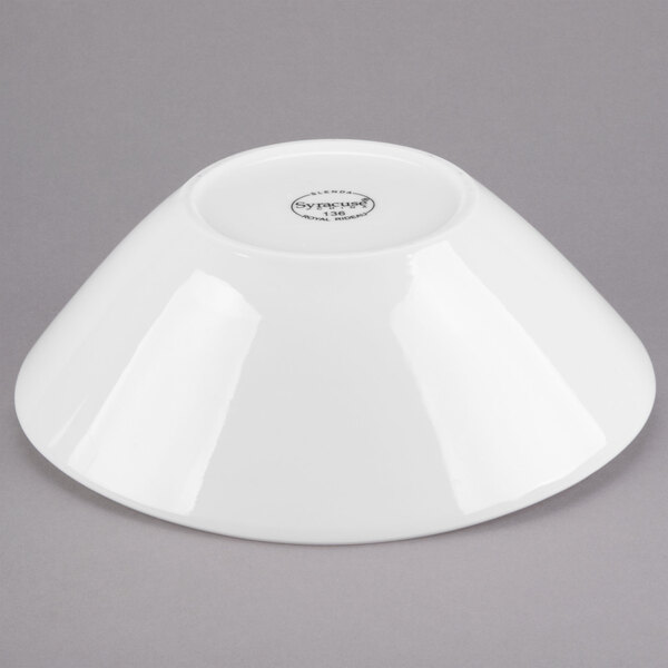 A white Libbey round porcelain bowl with a lid on it.