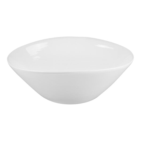 A plain, white, round porcelain bowl with smooth, slightly curved sides.