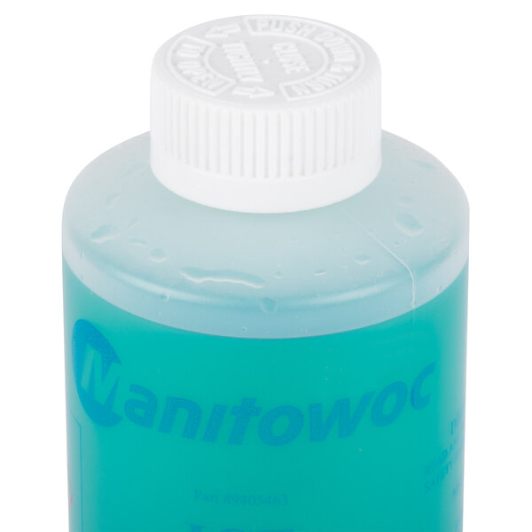 A white plastic bottle of Manitowoc Ice Machine Cleaner with a blue label and cap.