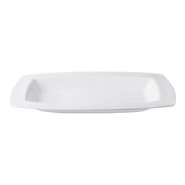 A white, rectangular porcelain bowl with slightly curved edges, shown from a side view.