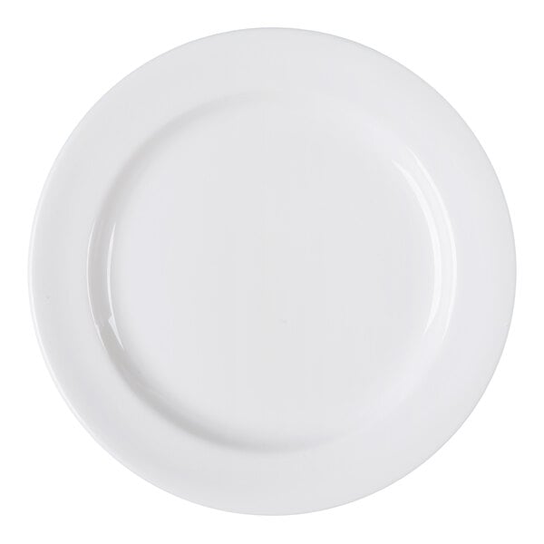 A plain, round, white plate with a slightly raised rim, viewed from above.