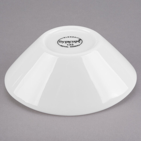 A white Libbey porcelain bowl with black text on it.