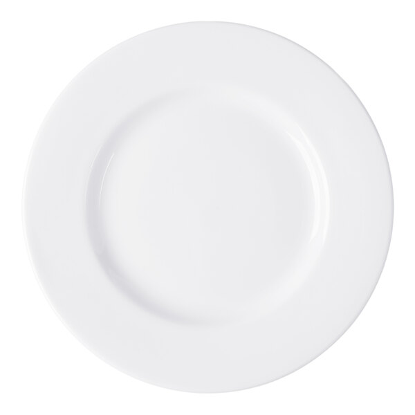 A plain, round, white porcelain plate with a wide rim, viewed from above.