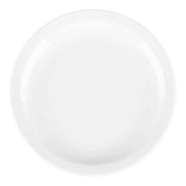 A plain, round, white plate with a smooth, glossy finish.