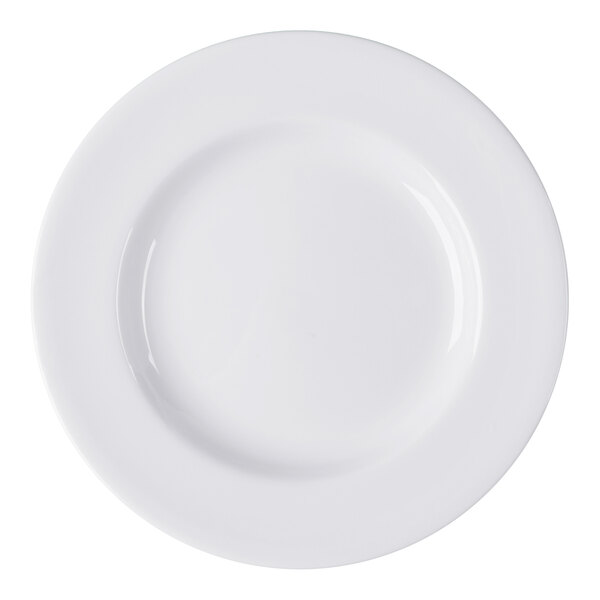A round, white wide rim porcelain plate.