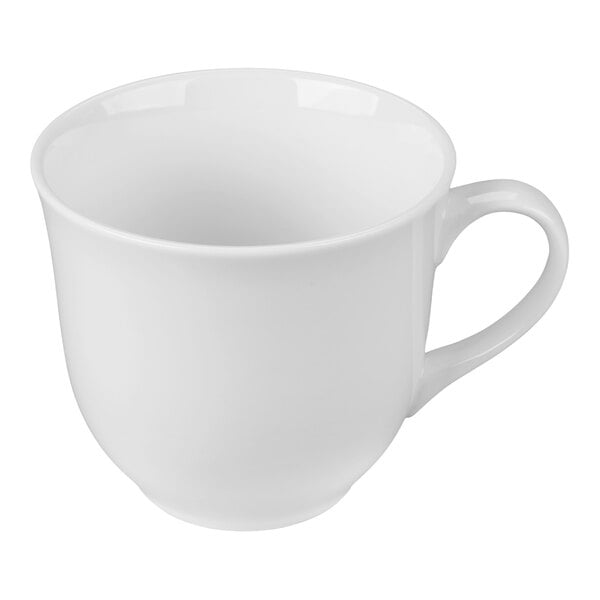 A plain white porcelain cup with a handle, shown against a white background.