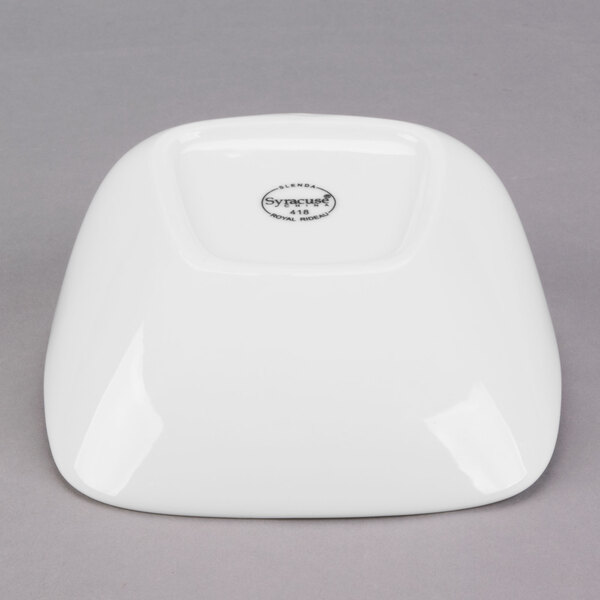 A white square Libbey porcelain bowl with black text reading "Royal Rideau" on it.