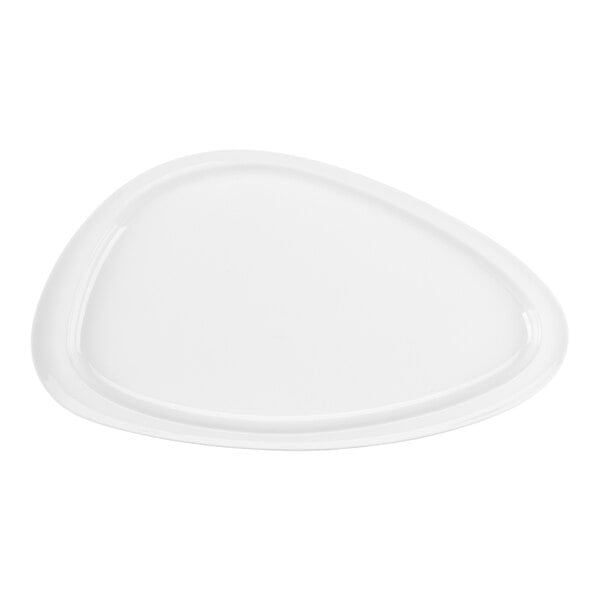 A white, asymmetrical, triangular porcelain plate with smooth edges.
