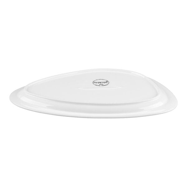 A white, triangular porcelain plate with a smooth, glossy finish and a small logo in the center.
