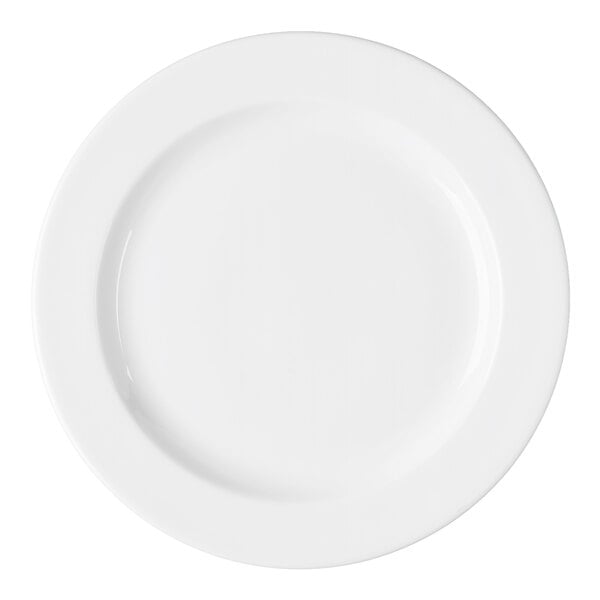 A round, white porcelain plate with a medium rim.