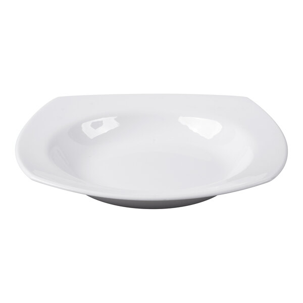 A white square porcelain deep rimmed soup bowl.