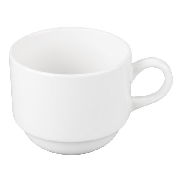 A plain white porcelain tea cup with a handle, shown against a white background.