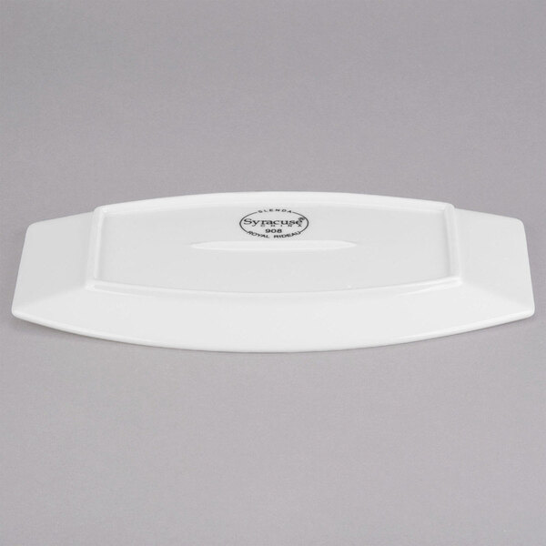 A white rectangular Libbey porcelain serving tray with a logo on it.