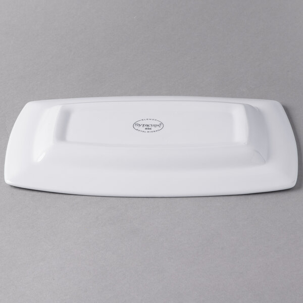 A white rectangular Libbey porcelain plate with a logo.