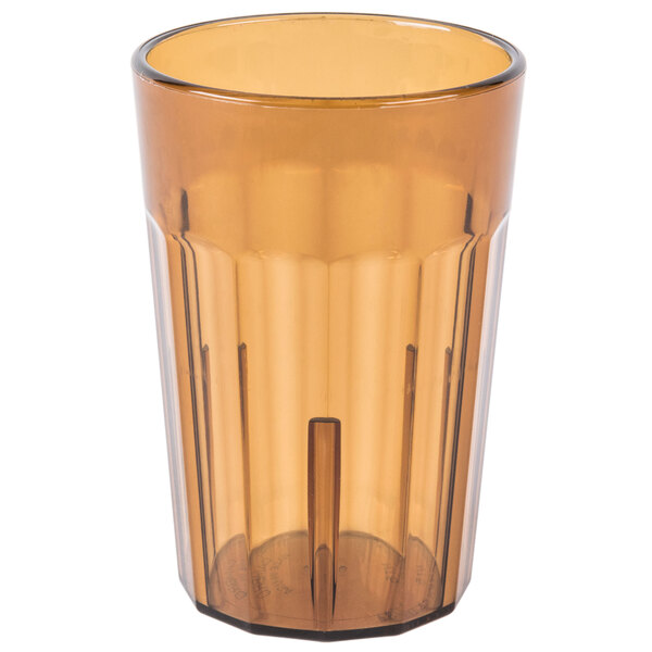 A brown plastic Cambro tumbler with a clear bottom and straight rim.