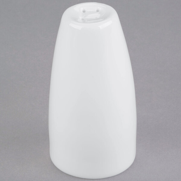 A white porcelain Libbey pepper shaker with a lid.
