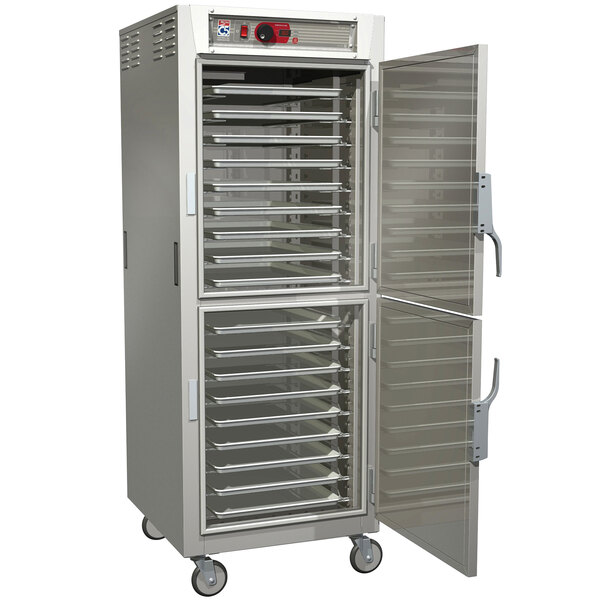 a large metal cabinet with glass doors