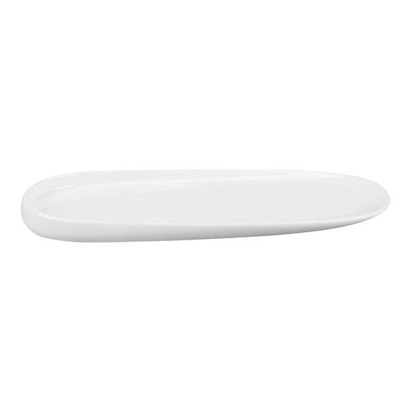 A white, oval-shaped porcelain tray with a smooth, glossy finish.