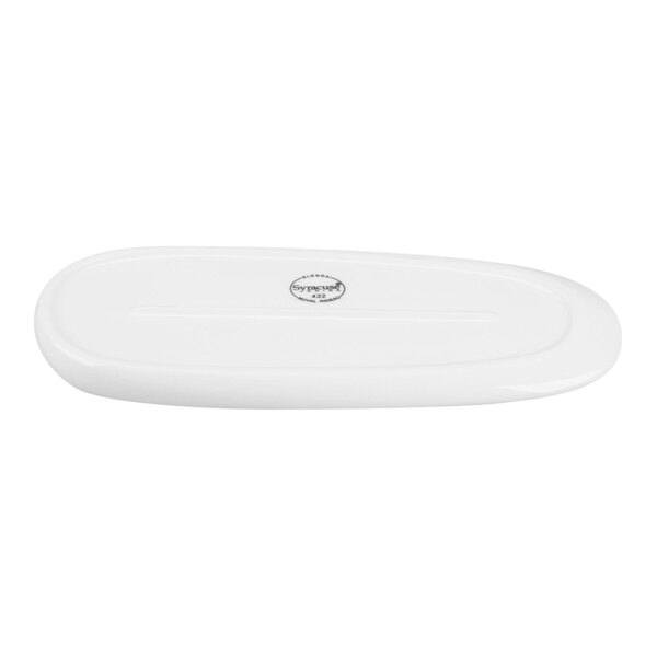 A white, oval-shaped porcelain tray with a smooth surface and a small circular logo in the center.