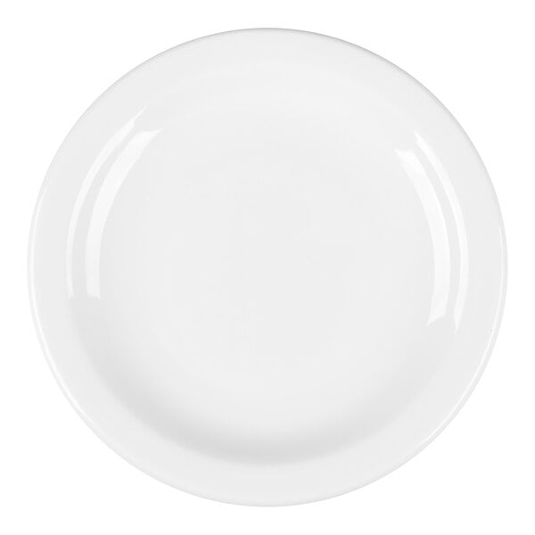 A round, white, narrow rim footed porcelain plate.