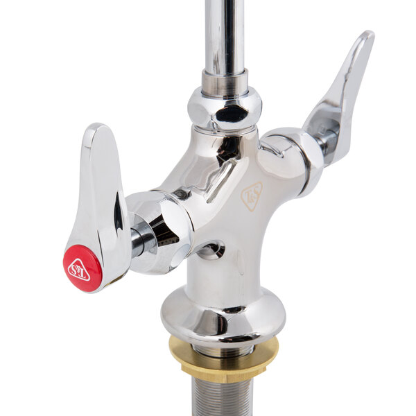 A silver T&S deck-mounted pantry faucet with red and silver knobs.