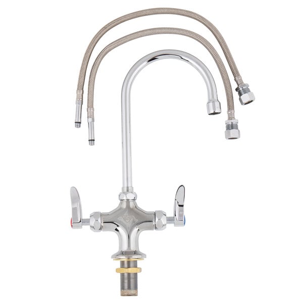 A chrome T&S deck-mount pantry faucet with flexible hoses.