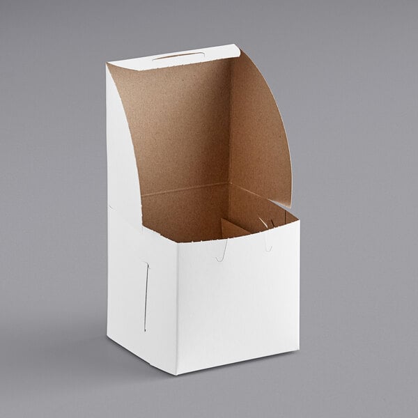A white bakery box with a lid open.