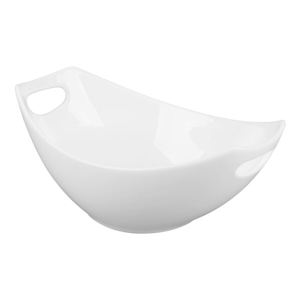A white porcelain bowl with a modern, curved design and integrated handles on both sides.