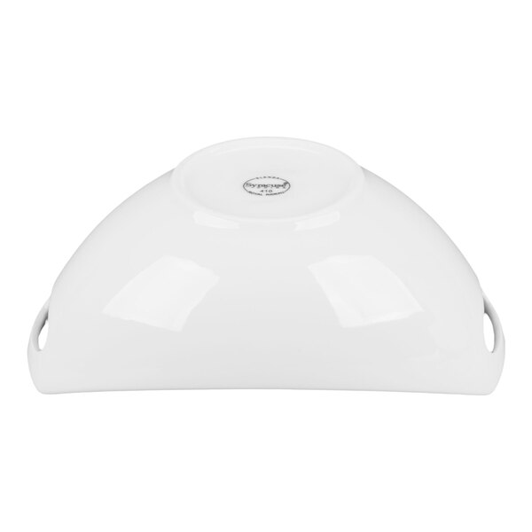 A white porcelain bowl with handles, shown upside down against a plain background.