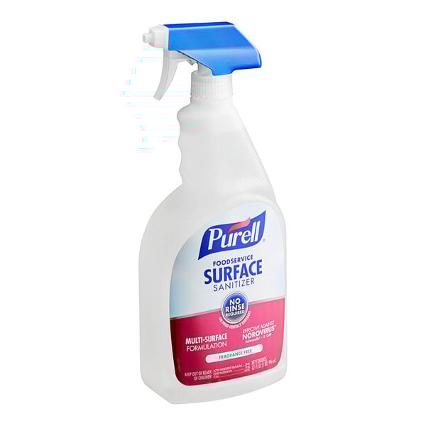 A white bottle of Purell Fragrance Free Foodservice Surface Sanitizer with a blue and red label.