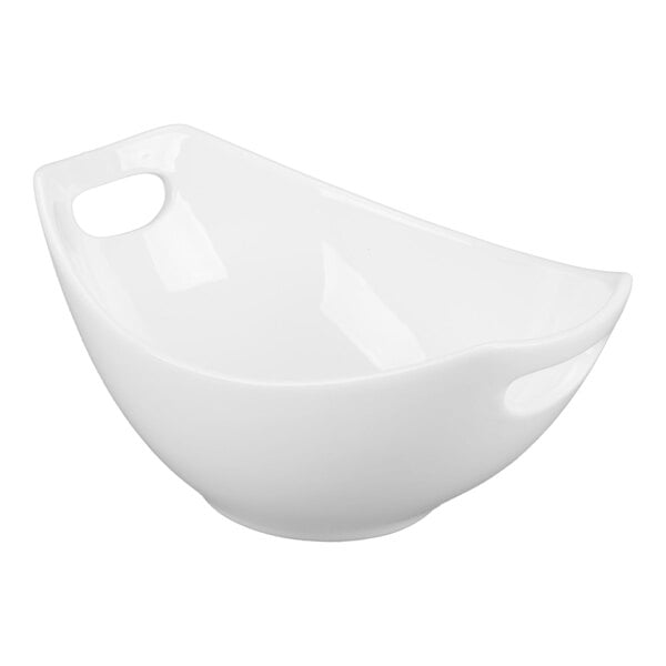 A white porcelain bowl with two integrated handles, featuring a modern, asymmetrical design.