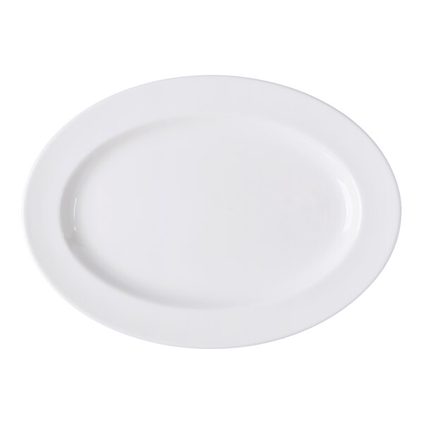 An oval white porcelain platter with a wide rim.