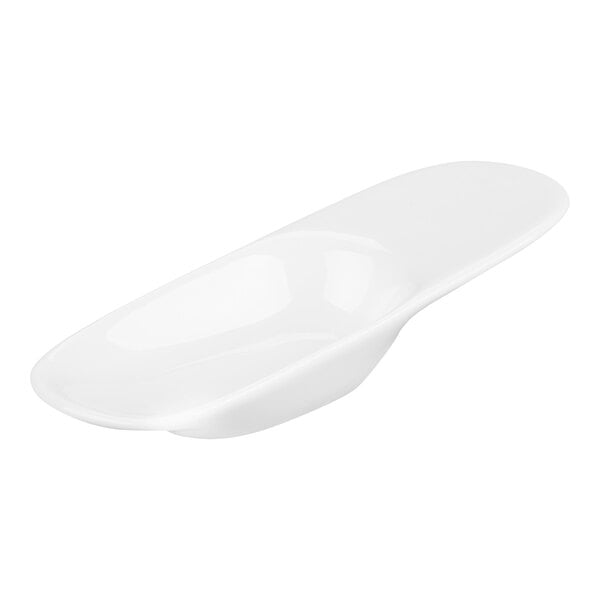 A white, porcelain spoon with a sleek, elongated design.