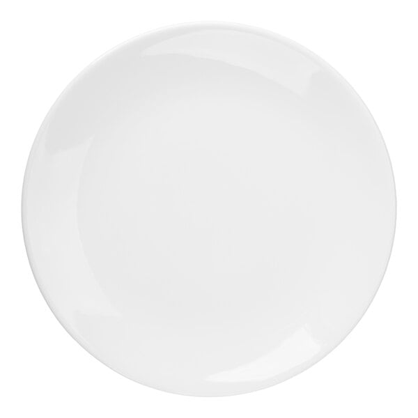 A plain, round, white plate viewed from above.