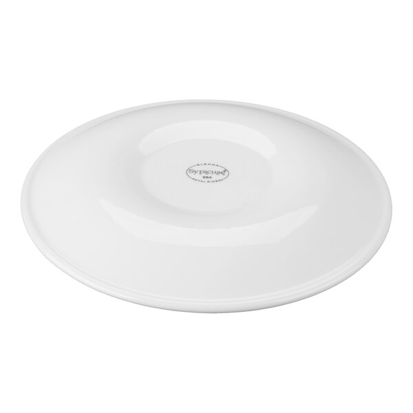 A white, round porcelain plate with a slightly raised rim and a logo in the center.