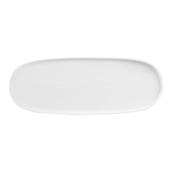 A plain, white, oval-shaped porcelain tray with slightly raised edges.