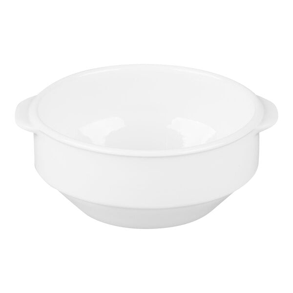 A white round bowl with two small handles on opposite sides.