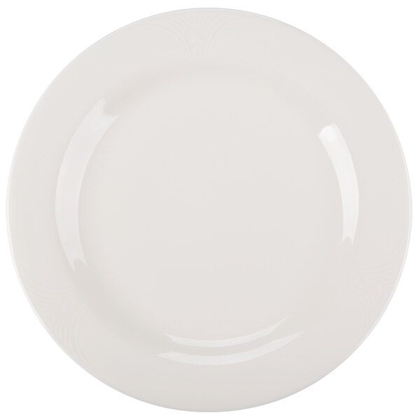A white porcelain plate with a medium curved rim.