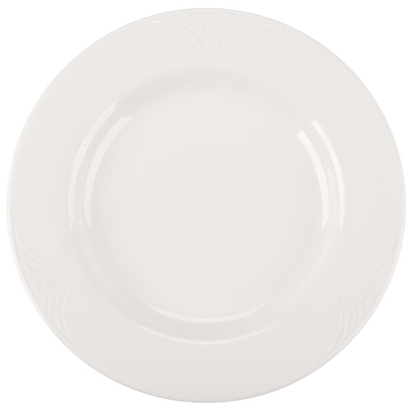 A white porcelain plate with a medium rim design.