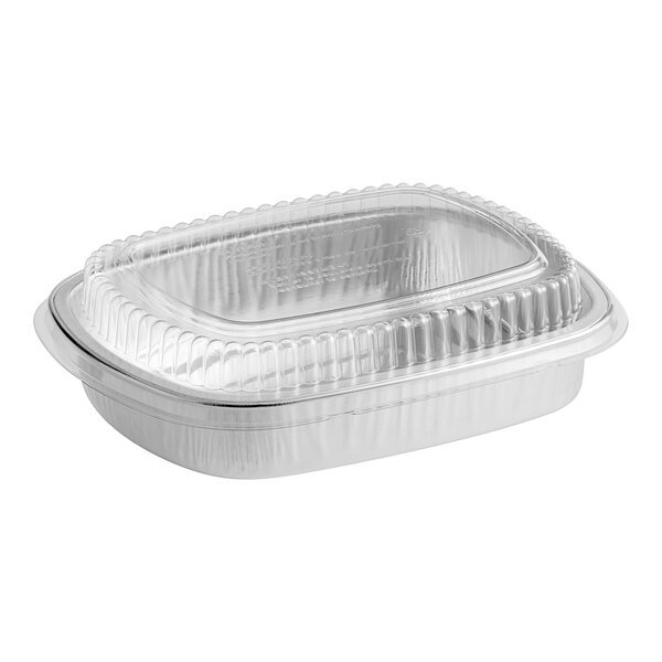 A Durable Packaging silver aluminum foil container with a clear plastic lid.