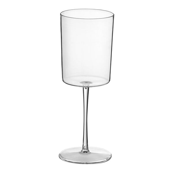 A clear plastic 11 oz. wine glass with a cylindrical bowl and a single-piece construction.