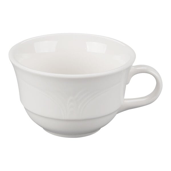 A white porcelain tea cup with a handle and subtle embossed pattern near the base.