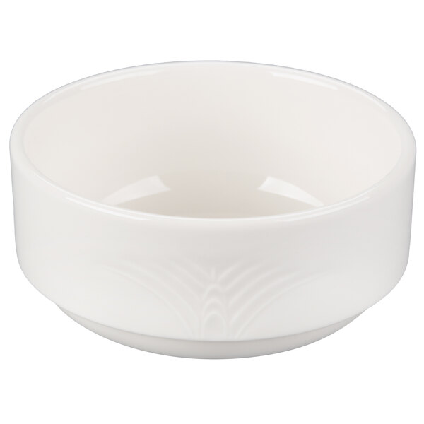 A white porcelain bouillon bowl with a curved design and a small handle.