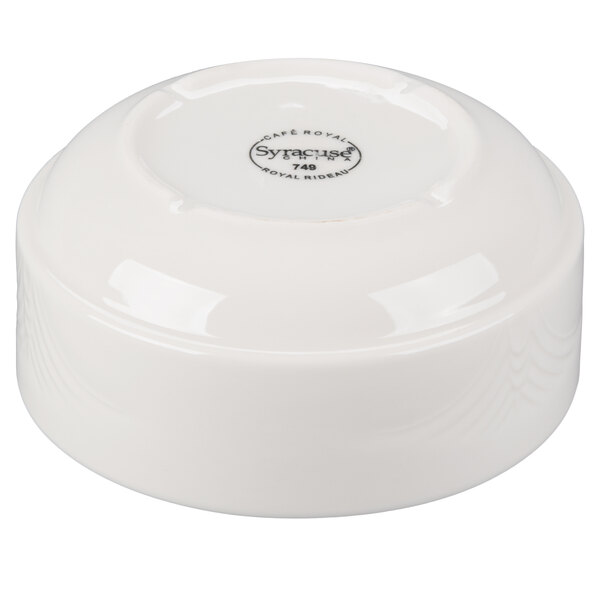 A white Royal Rideau porcelain bouillon bowl with black text.