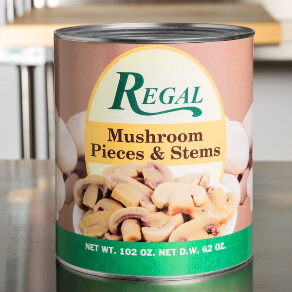 Can of Regal mushroom pieces and stems