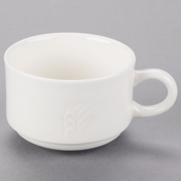 A white Reserve by Libbey Royal Rideau porcelain cup with a handle.
