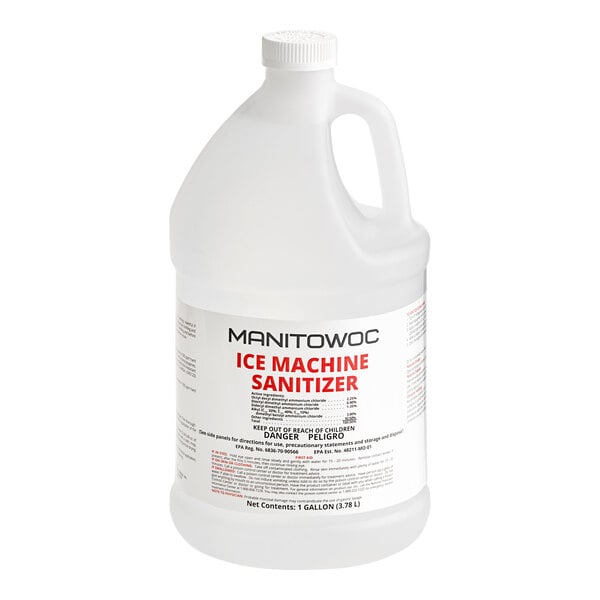 A white jug of Manitowoc ice machine sanitizer with a white label.