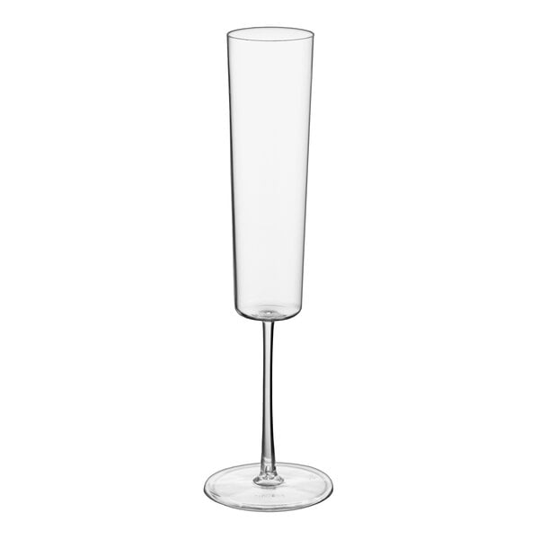 A clear plastic champagne flute with a tall, slender bowl and a single-piece construction.